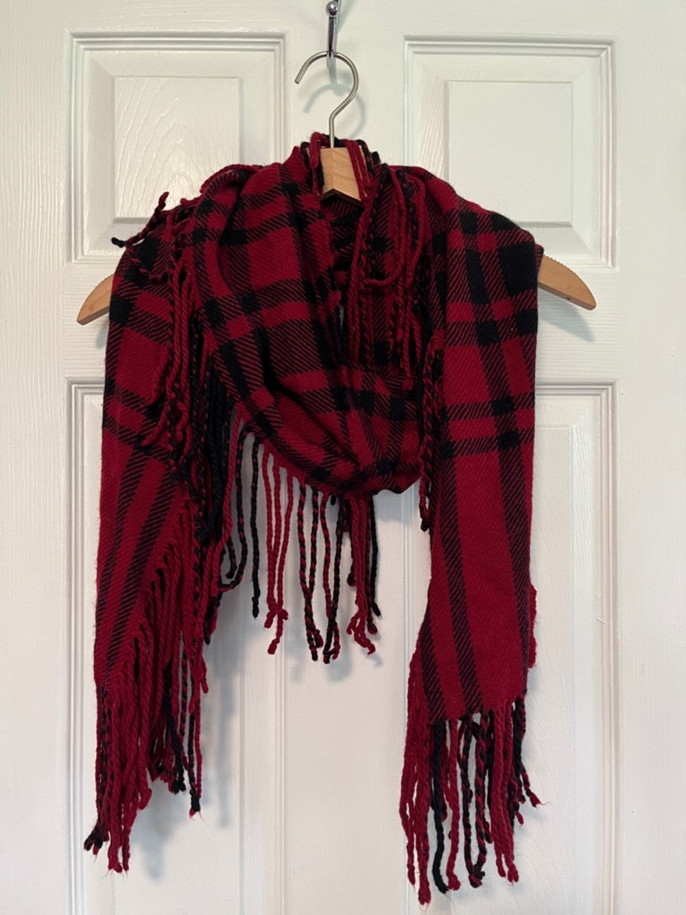 Banana Republic Wool and Cashmere Blend Red & Black Plaid Fringe Scarf